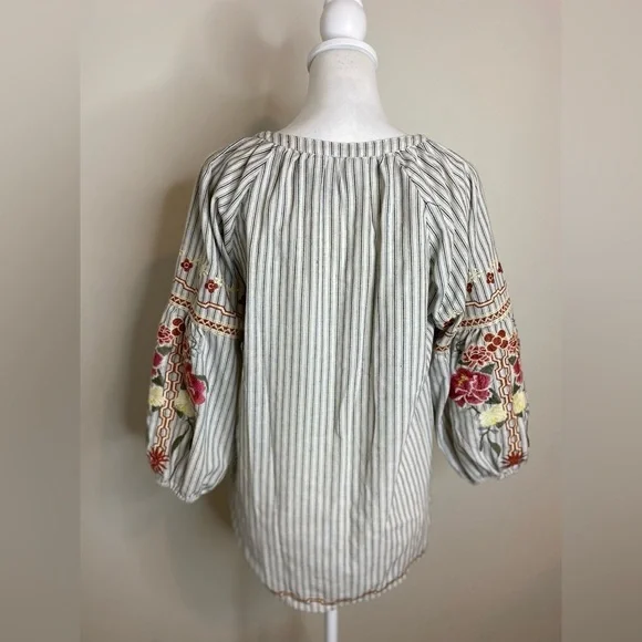 Floral Embroidered Cotton Bubble Sleeve Bohemian Tassel Striped Women's Top Sz M - Picture 3 of 9